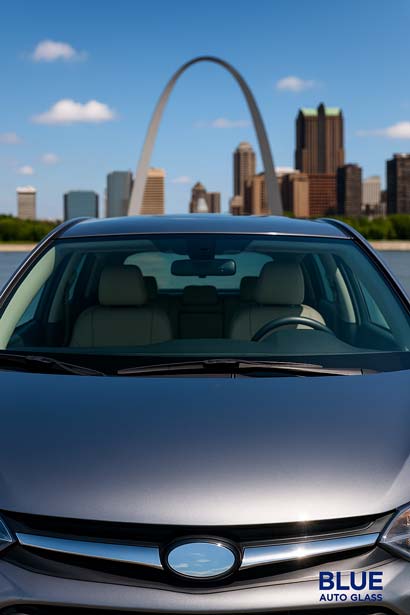 Close-up of a newly installed windshield reflecting the Saint Louis skyline, highlighting quality auto glass by Blue Auto Glass.