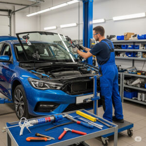 A certified technician carefully installs a new windshield on a blue sedan inside the clean and professional Blue Auto Glass garage in St. Louis.