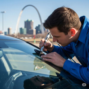 A certified technician carefully installs a new windshield on a blue sedan inside the clean and professional Blue Auto Glass garage in St. Louis.