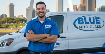 A Blue Auto Glass technician performs a precision chipped windshield repair on a car in St. Louis, with the Gateway Arch visible in the background.
